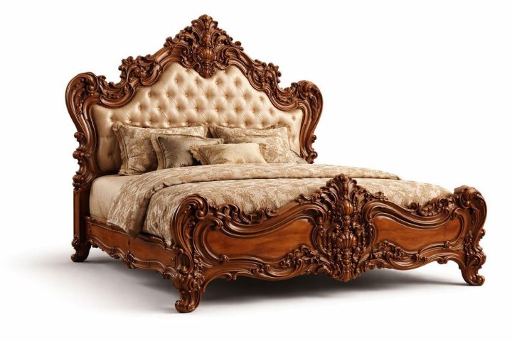 Richly carved wooden bed with a tall ornamental headboard