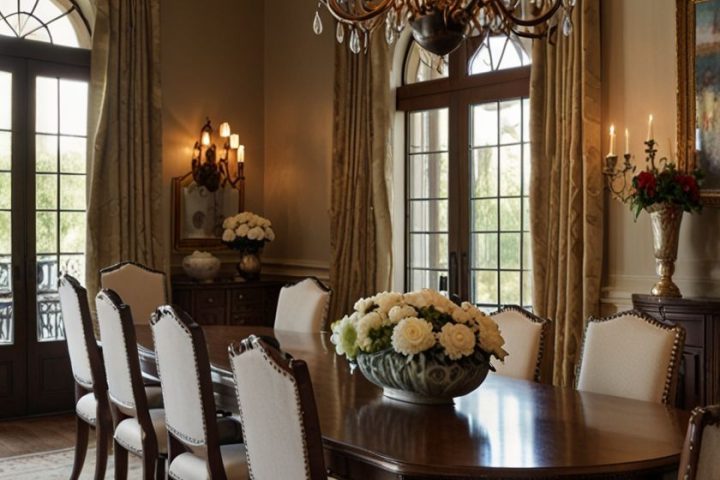 Dining table with carved legs and upholstered high-back chairs