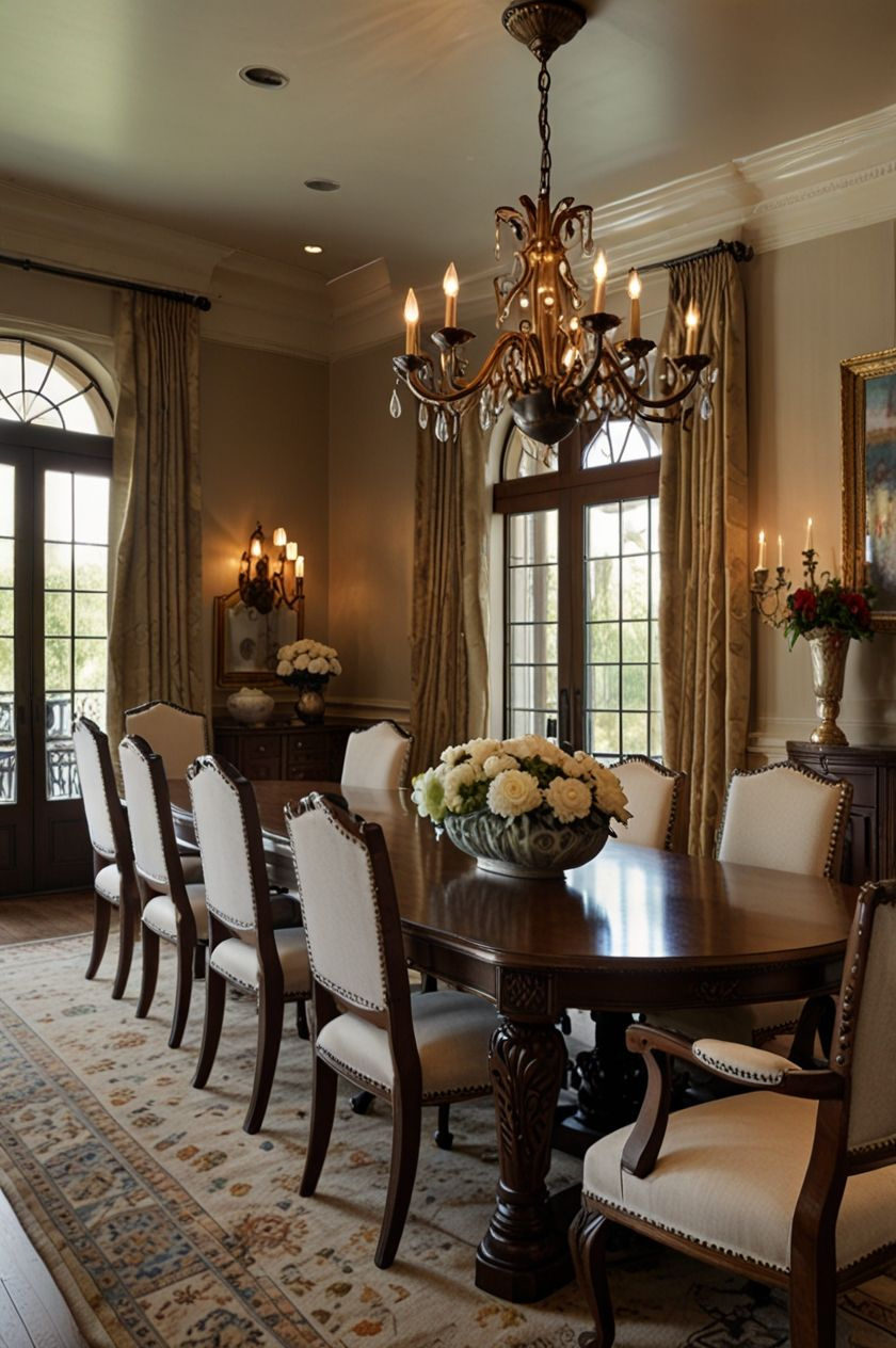 Dining table with carved legs and upholstered high-back chairs
