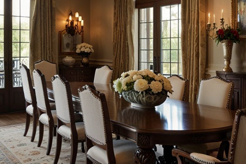 Dining table with carved legs and upholstered high-back chairs in a dining room