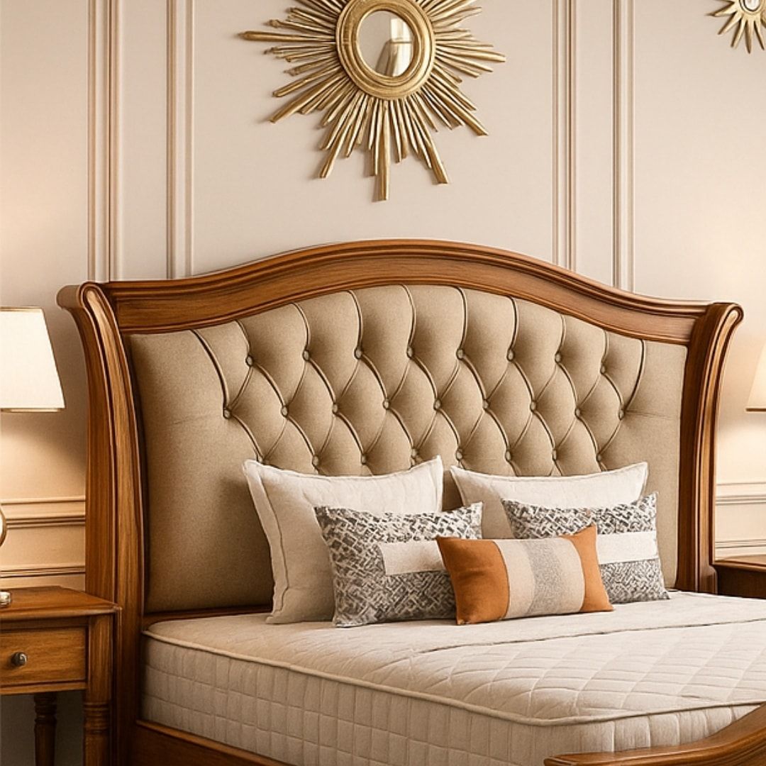 Solid wood bed with an arched, button-tufted headboard