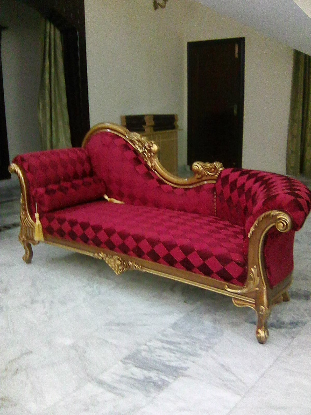 Crimson Diamond-Tufted Deewan — handcrafted wooden furniture from Chiniot, Pakistan