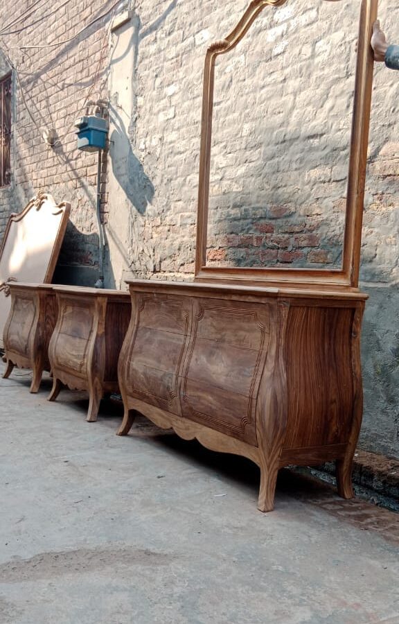 Bombe dressing table with mirror — workshop photo, side view