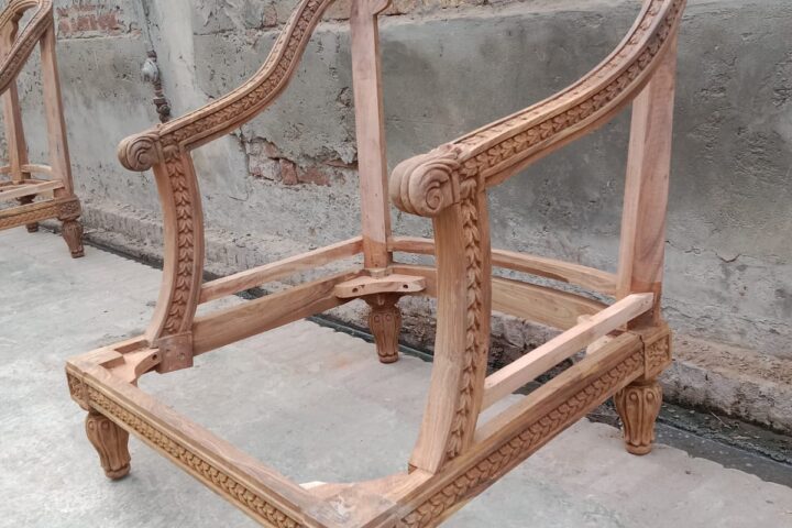 Braid-trim carved armchair — workshop photo, right view