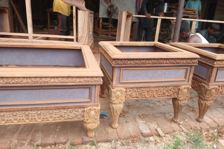 Purple upholstered carved side tables — workshop photo, pair